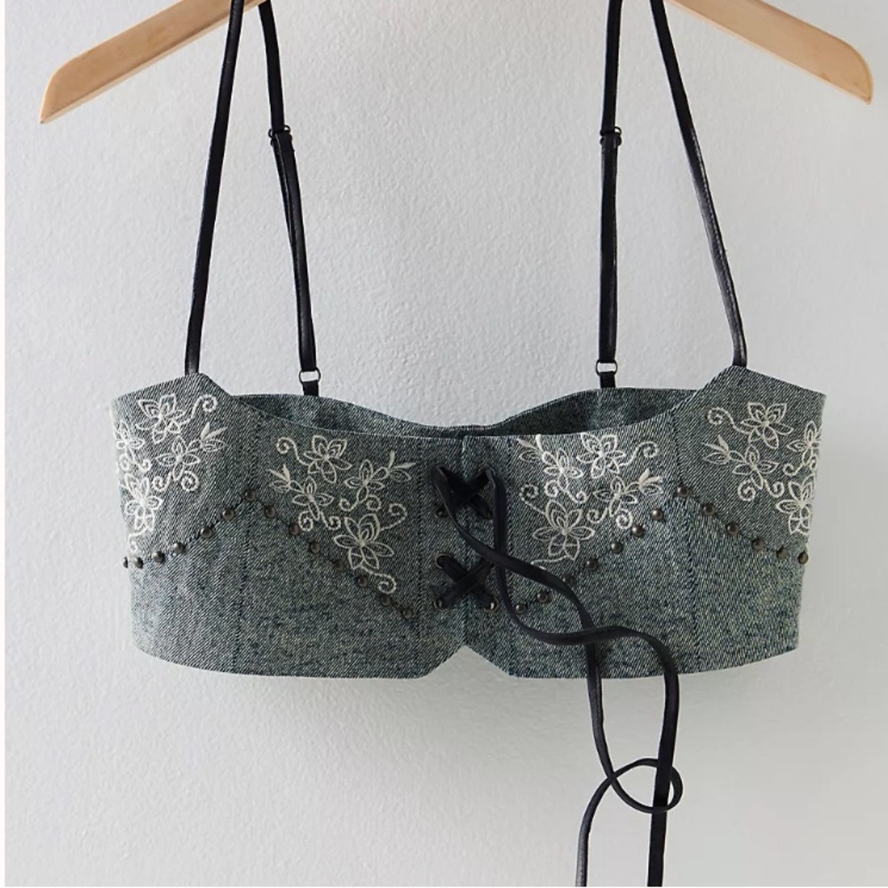 Free People Gray Embroidered Lace-Up Corset Belt